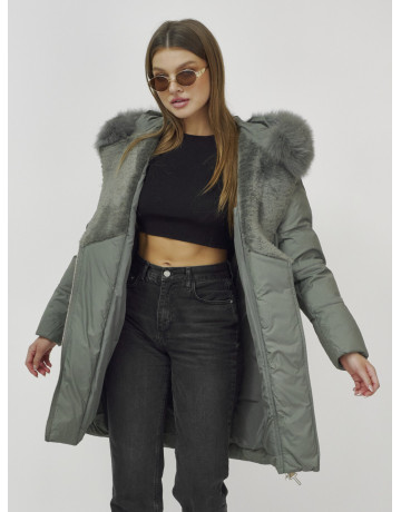 Женский зимний пуховик премиум-класса с мехом енота, зелёный. в Тюмени