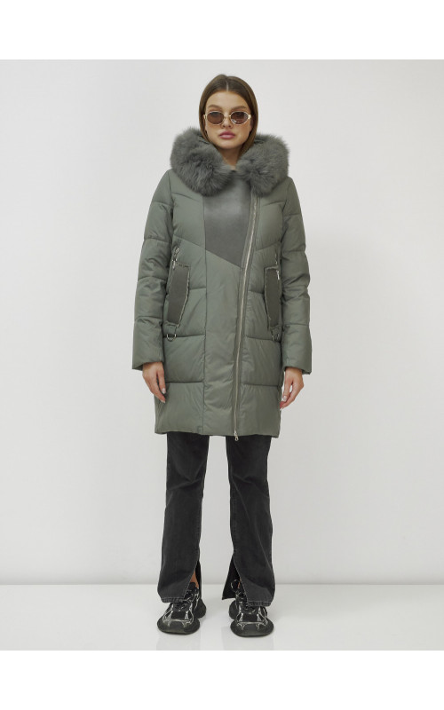 Женский зимний пуховик премиум-класса с мехом енота, зелёный. в Тюмени