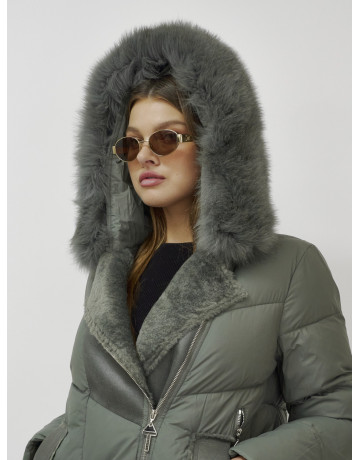 Женский зимний пуховик премиум-класса с мехом енота, зелёный. в Тюмени