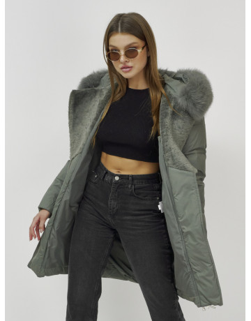 Женский зимний пуховик премиум-класса с мехом енота, зелёный. в Тюмени