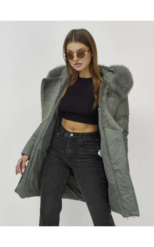 Женский зимний пуховик премиум-класса с мехом енота, зелёный. в Тюмени