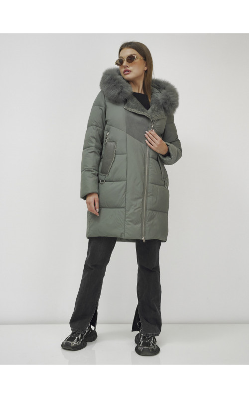 Женский зимний пуховик премиум-класса с мехом енота, зелёный. в Тюмени