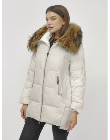 Пуховик женский зимний с мехом енот бежевый премиум в Тюмени