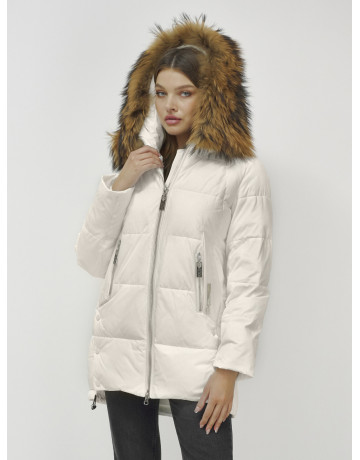 Пуховик женский зимний с мехом енот бежевый премиум в Тюмени