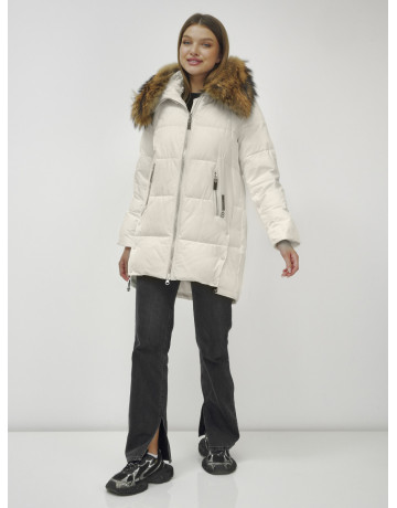Пуховик женский зимний с мехом енот бежевый премиум в Тюмени