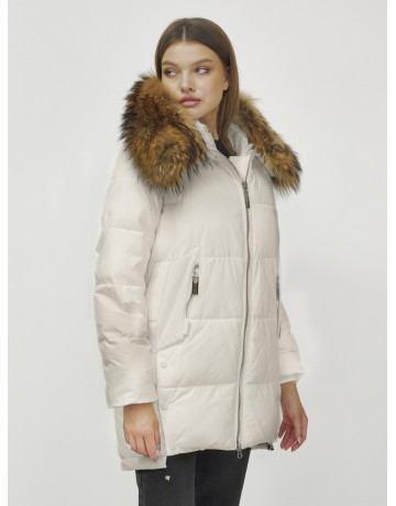 Пуховик женский зимний с мехом енот бежевый премиум в Тюмени