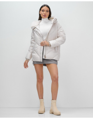 Женский зимний пуховик с мехом эко-овчины, бежевый, модный. в Тюмени