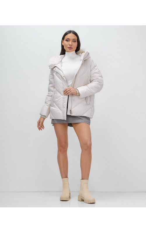 Женский зимний пуховик с мехом эко-овчины, бежевый, модный. в Тюмени