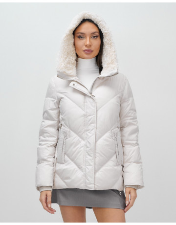 Женский зимний пуховик с мехом эко-овчины, бежевый, модный. в Тюмени