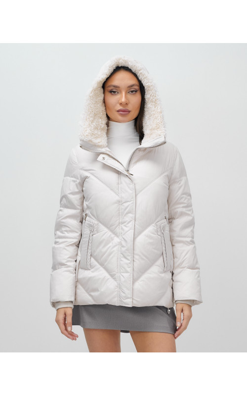 Женский зимний пуховик с мехом эко-овчины, бежевый, модный. в Тюмени