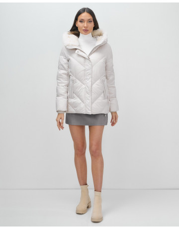 Женский зимний пуховик с мехом эко-овчины, бежевый, модный. в Тюмени