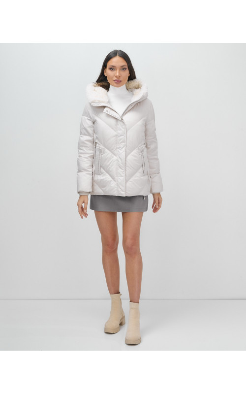 Женский зимний пуховик с мехом эко-овчины, бежевый, модный. в Тюмени