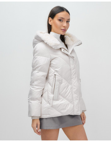 Женский зимний пуховик с мехом эко-овчины, бежевый, модный. в Тюмени