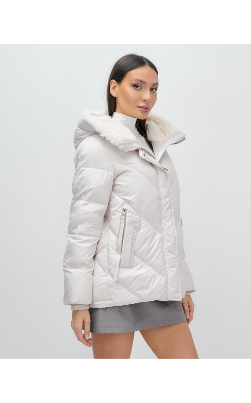 Женский зимний пуховик с мехом эко-овчины, бежевый, модный. в Тюмени