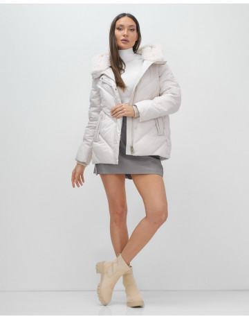 Женский зимний пуховик с мехом эко-овчины, бежевый, модный. в Тюмени