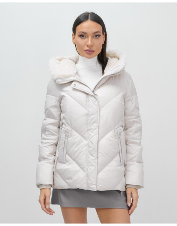 Женский зимний пуховик с мехом эко-овчины, бежевый, модный. в Тюмени