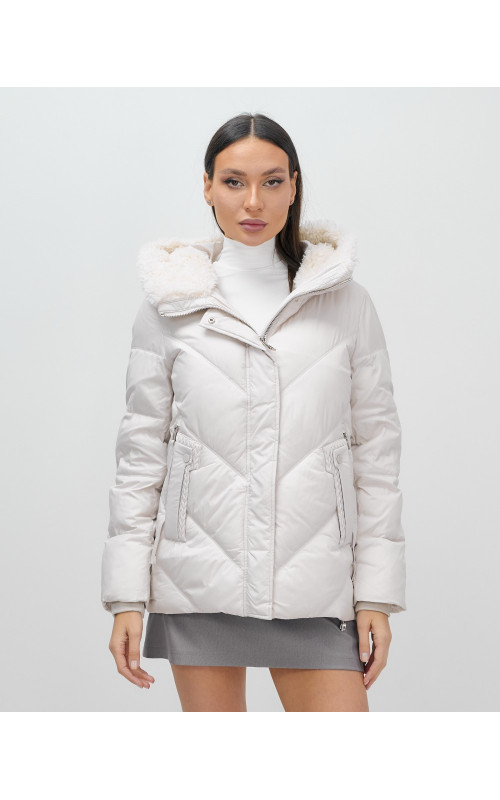 Женский зимний пуховик с мехом эко-овчины, бежевый, модный. в Тюмени