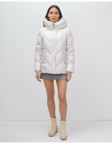 Женский зимний пуховик с мехом эко-овчины, бежевый, модный. в Тюмени