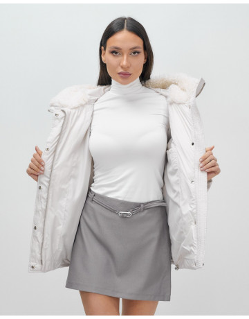 Женский зимний пуховик с мехом эко-овчины, бежевый, модный. в Тюмени