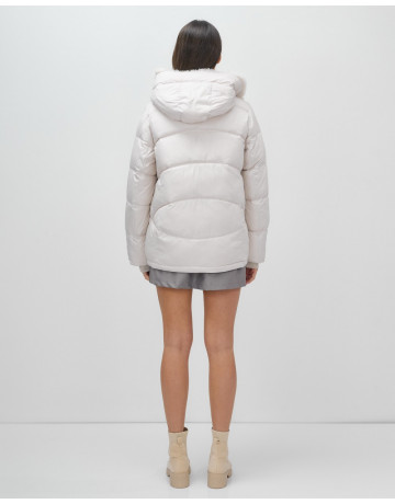 Женский зимний пуховик с мехом эко-овчины, бежевый, модный. в Тюмени