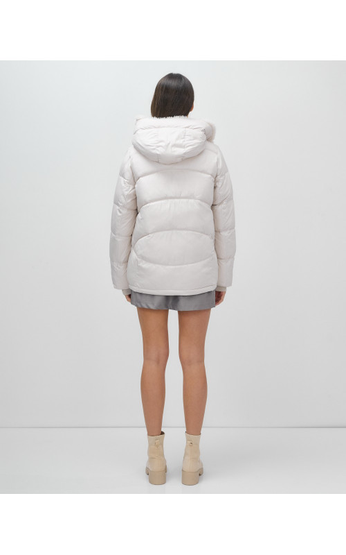 Женский зимний пуховик с мехом эко-овчины, бежевый, модный. в Тюмени