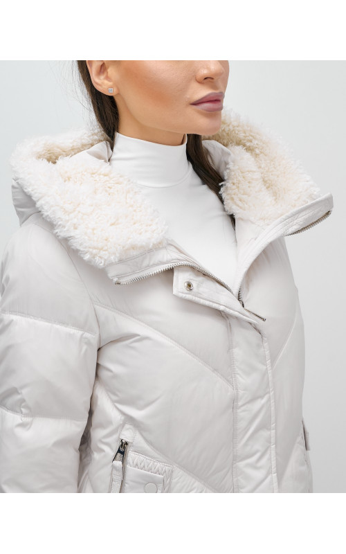 Женский зимний пуховик с мехом эко-овчины, бежевый, модный. в Тюмени