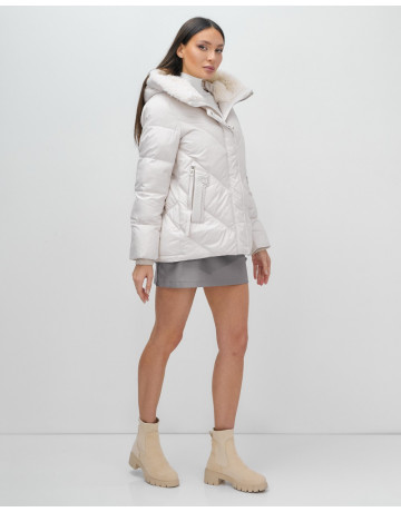 Женский зимний пуховик с мехом эко-овчины, бежевый, модный. в Тюмени