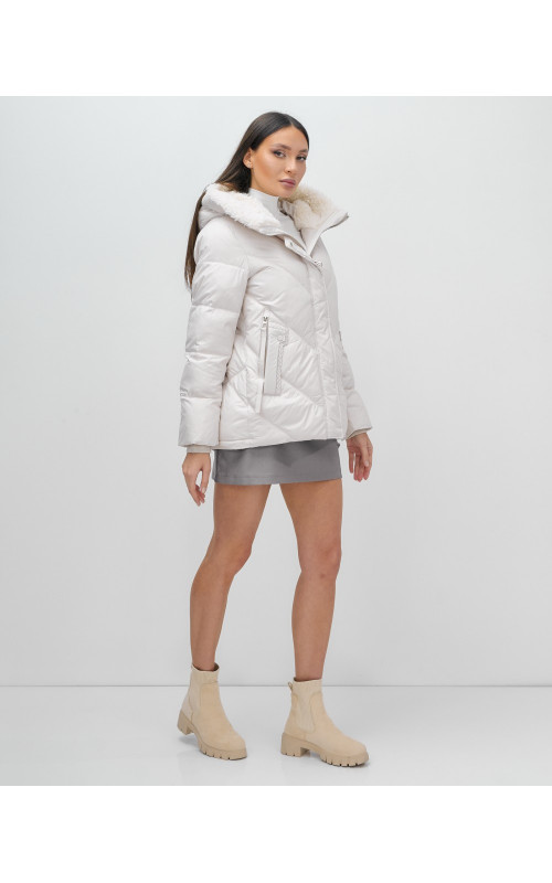 Женский зимний пуховик с мехом эко-овчины, бежевый, модный. в Тюмени