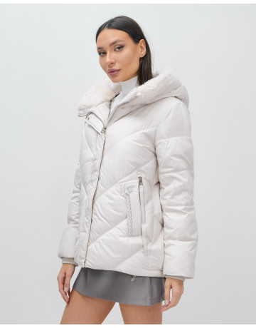 Женский зимний пуховик с мехом эко-овчины, бежевый, модный. в Тюмени