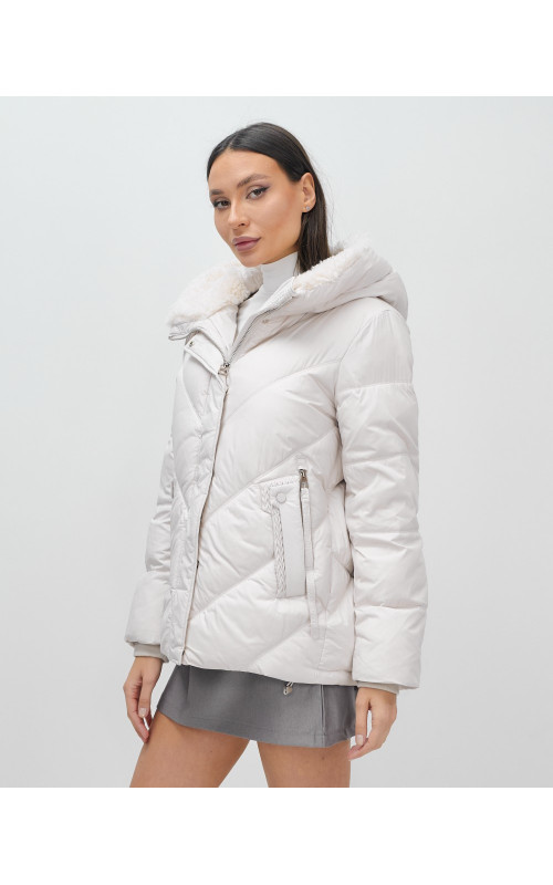 Женский зимний пуховик с мехом эко-овчины, бежевый, модный. в Тюмени