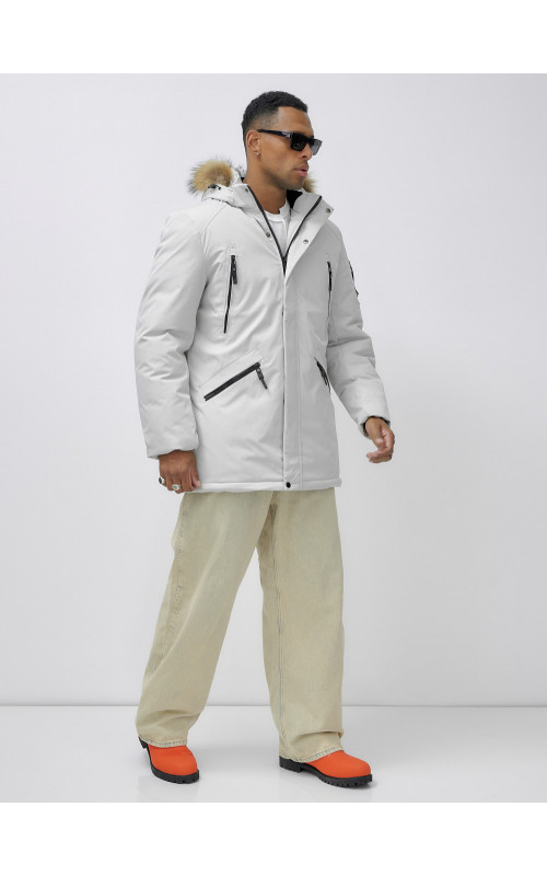 Мужская зимняя удлиненная парка с мехом, светло-серая в Тюмени