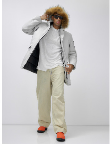 Мужская зимняя удлиненная парка с мехом, светло-серая в Тюмени