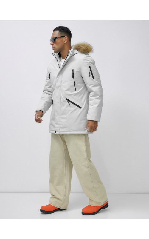 Мужская зимняя удлиненная парка с мехом, светло-серая в Тюмени