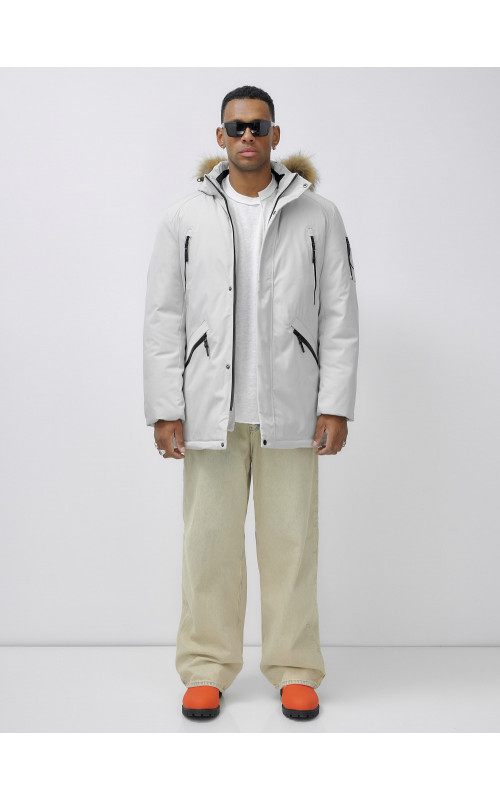 Мужская зимняя удлиненная парка с мехом, светло-серая в Тюмени