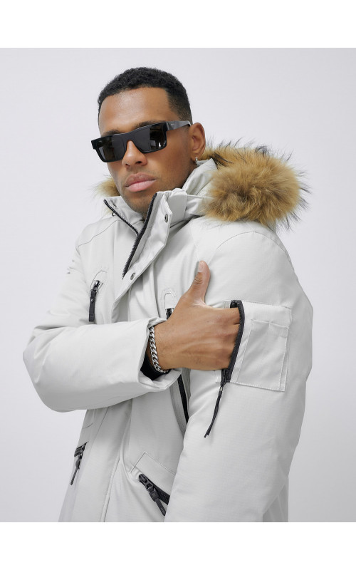 Мужская зимняя удлиненная парка с мехом, светло-серая в Тюмени