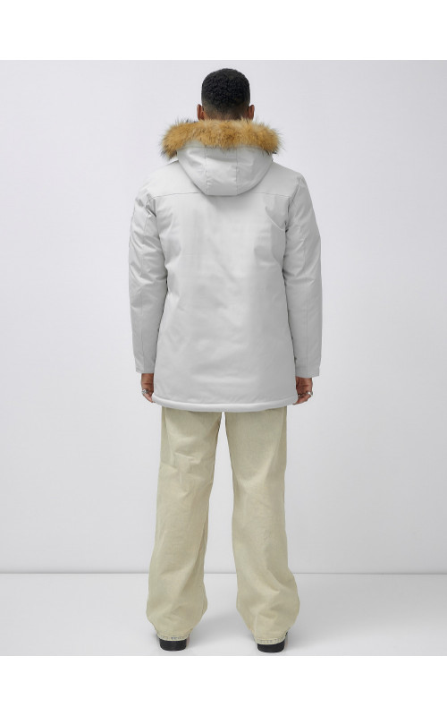 Мужская зимняя удлиненная парка с мехом, светло-серая в Тюмени