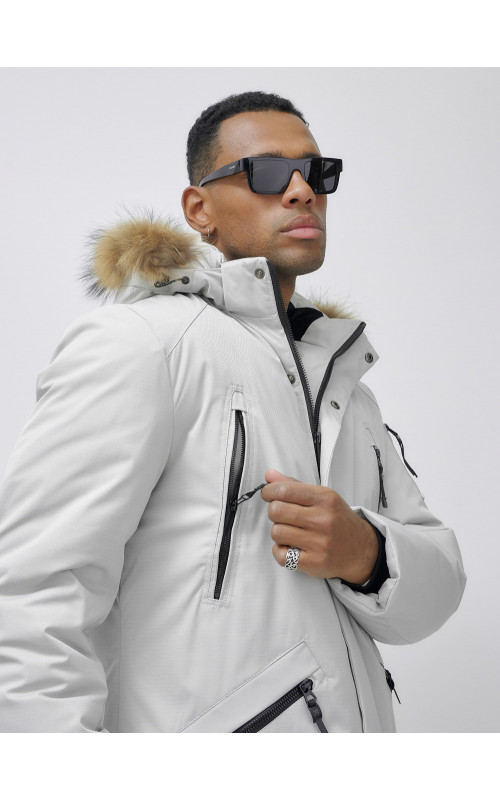 Мужская зимняя удлиненная парка с мехом, светло-серая в Тюмени