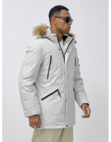 Мужская зимняя удлиненная парка с мехом, светло-серая в Тюмени