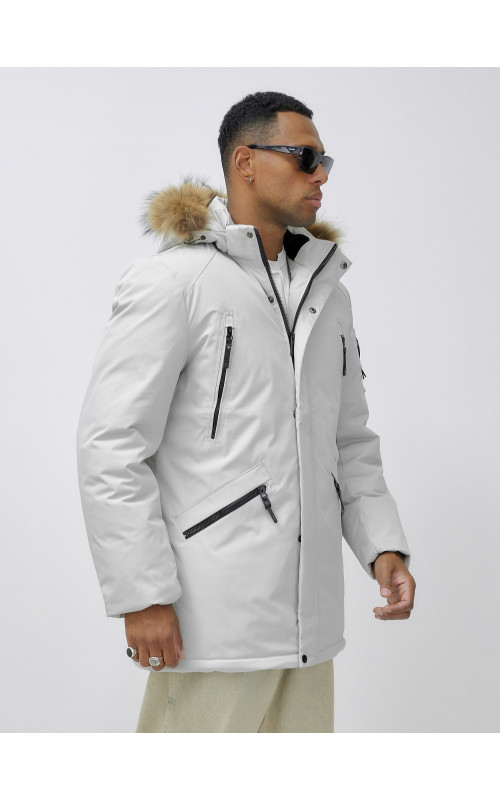 Мужская зимняя удлиненная парка с мехом, светло-серая в Тюмени