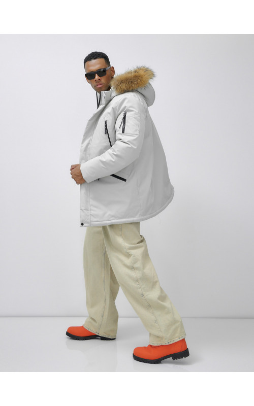 Мужская зимняя удлиненная парка с мехом, светло-серая в Тюмени