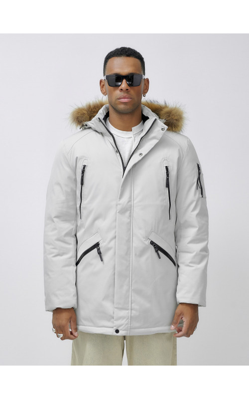 Мужская зимняя удлиненная парка с мехом, светло-серая в Тюмени