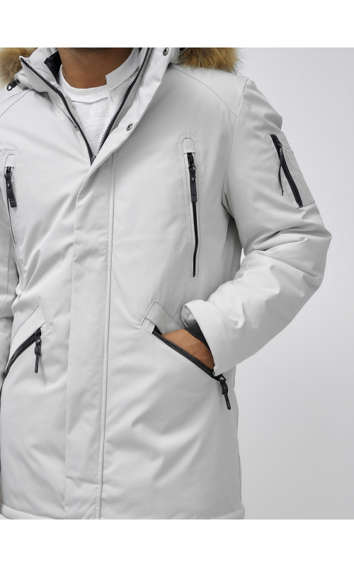 Мужская зимняя удлиненная парка с мехом, светло-серая в Тюмени