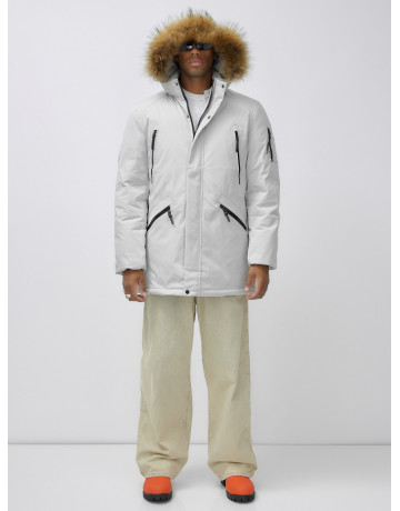 Мужская зимняя удлиненная парка с мехом, светло-серая в Тюмени