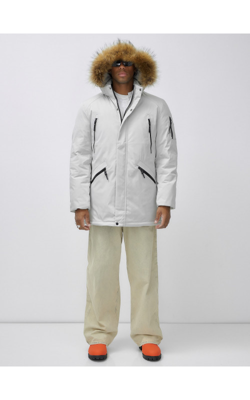 Мужская зимняя удлиненная парка с мехом, светло-серая в Тюмени