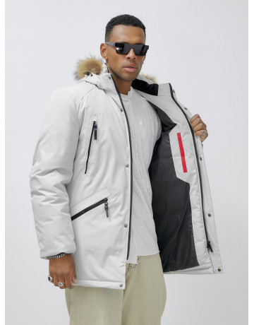 Мужская зимняя удлиненная парка с мехом, светло-серая в Тюмени