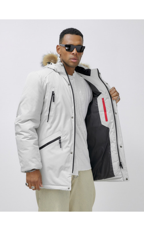 Мужская зимняя удлиненная парка с мехом, светло-серая в Тюмени