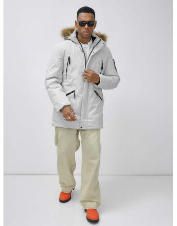 Мужская зимняя удлиненная парка с мехом, светло-серая в Тюмени