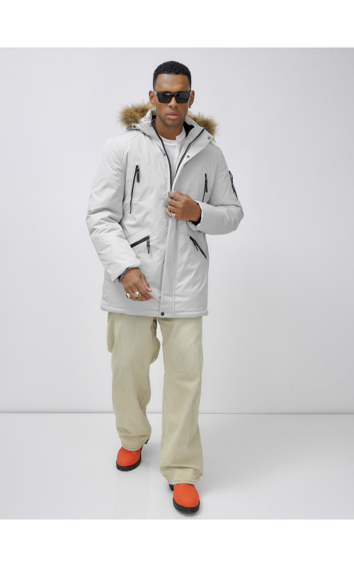 Мужская зимняя удлиненная парка с мехом, светло-серая в Тюмени