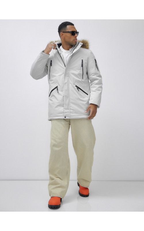 Мужская зимняя удлиненная парка с мехом, светло-серая в Тюмени