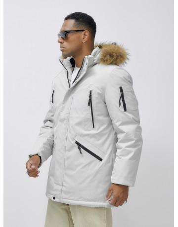 Мужская зимняя удлиненная парка с мехом, светло-серая в Тюмени